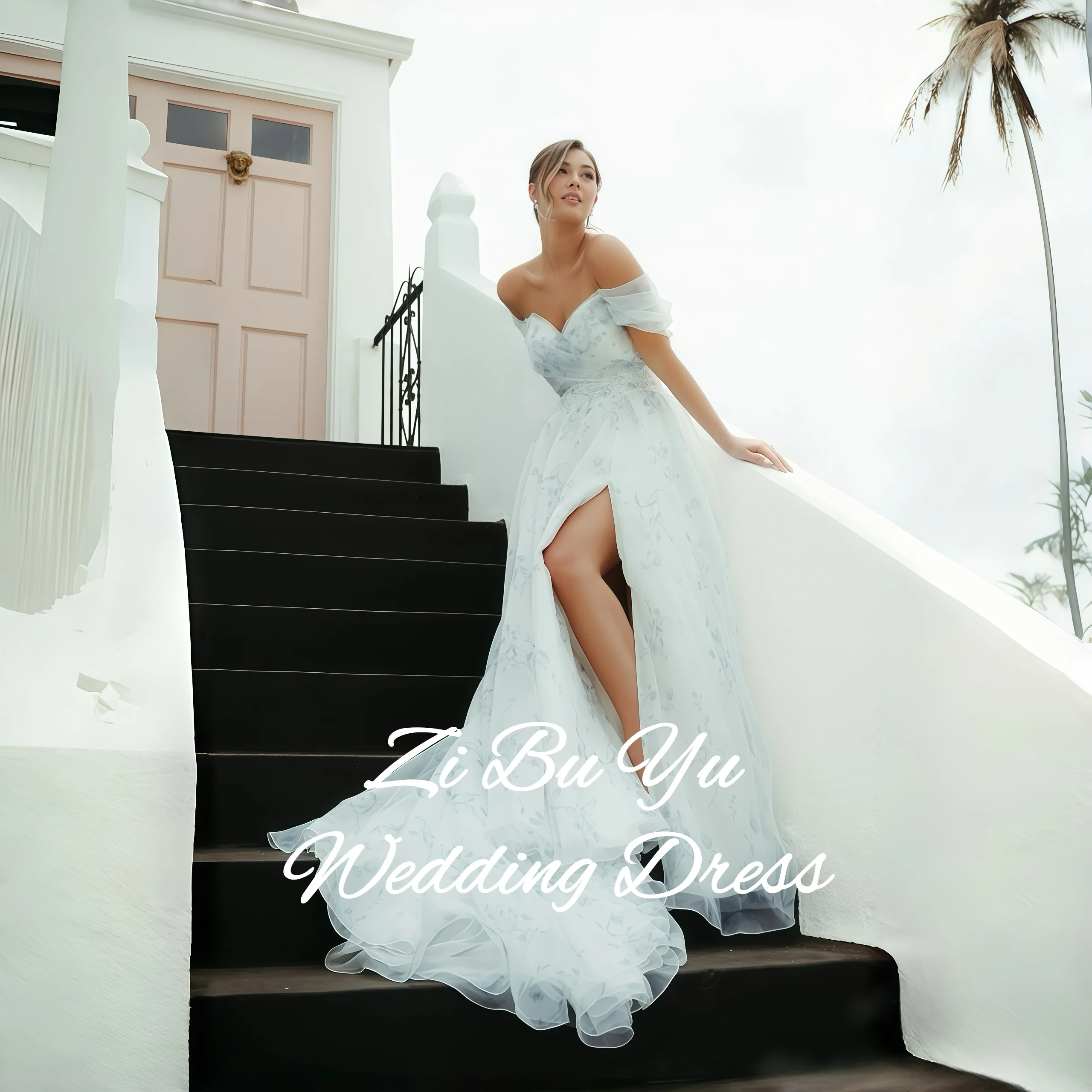 

ZIBUYU Customized Romantic Wedding Dress Off-the-Shoulder Sweetheart Neckline Floral Print Tulle A-Line Slit Train Bridal Gowns