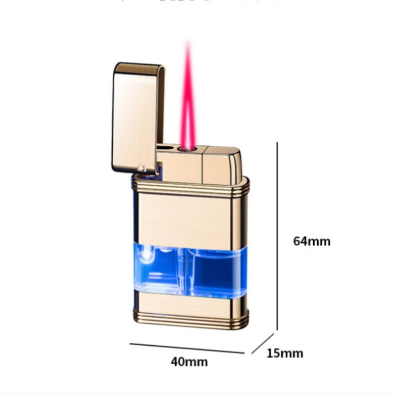 Accendino per finestra visibile in metallo con luce blu, antivento, fiamma rossa, gas butano, accendisigari portatile per uomo che fuma, piccolo strumento