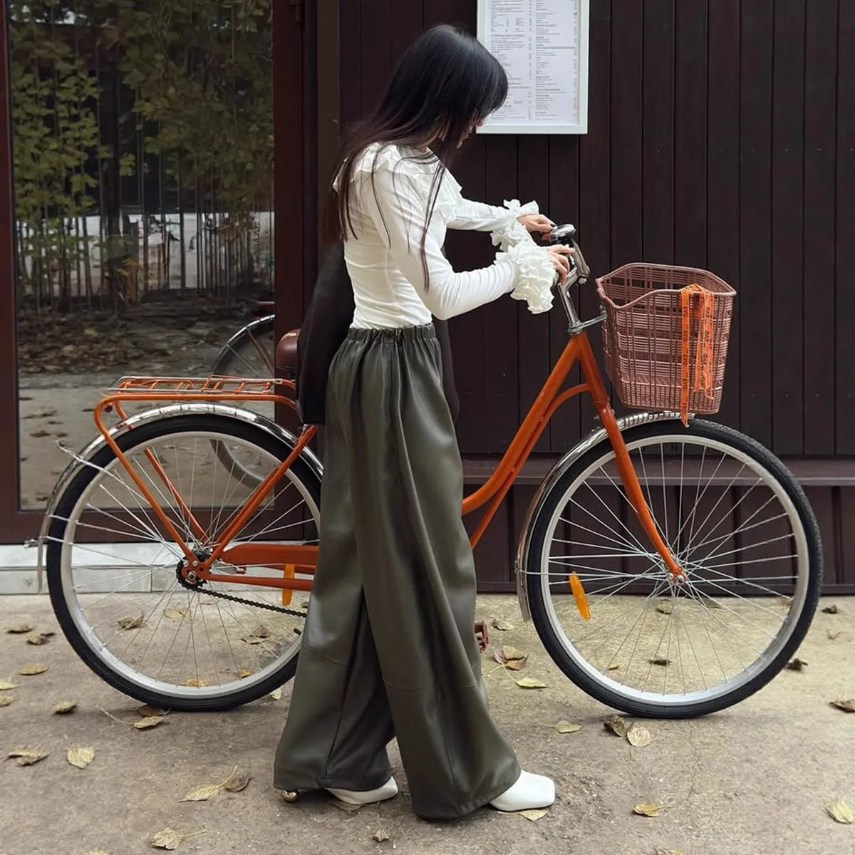 Casual Military Green Leather Pants Wide Leg Lantern Pants Drawstring Lazy Style Cross-Border PU Leather Trousers for Women