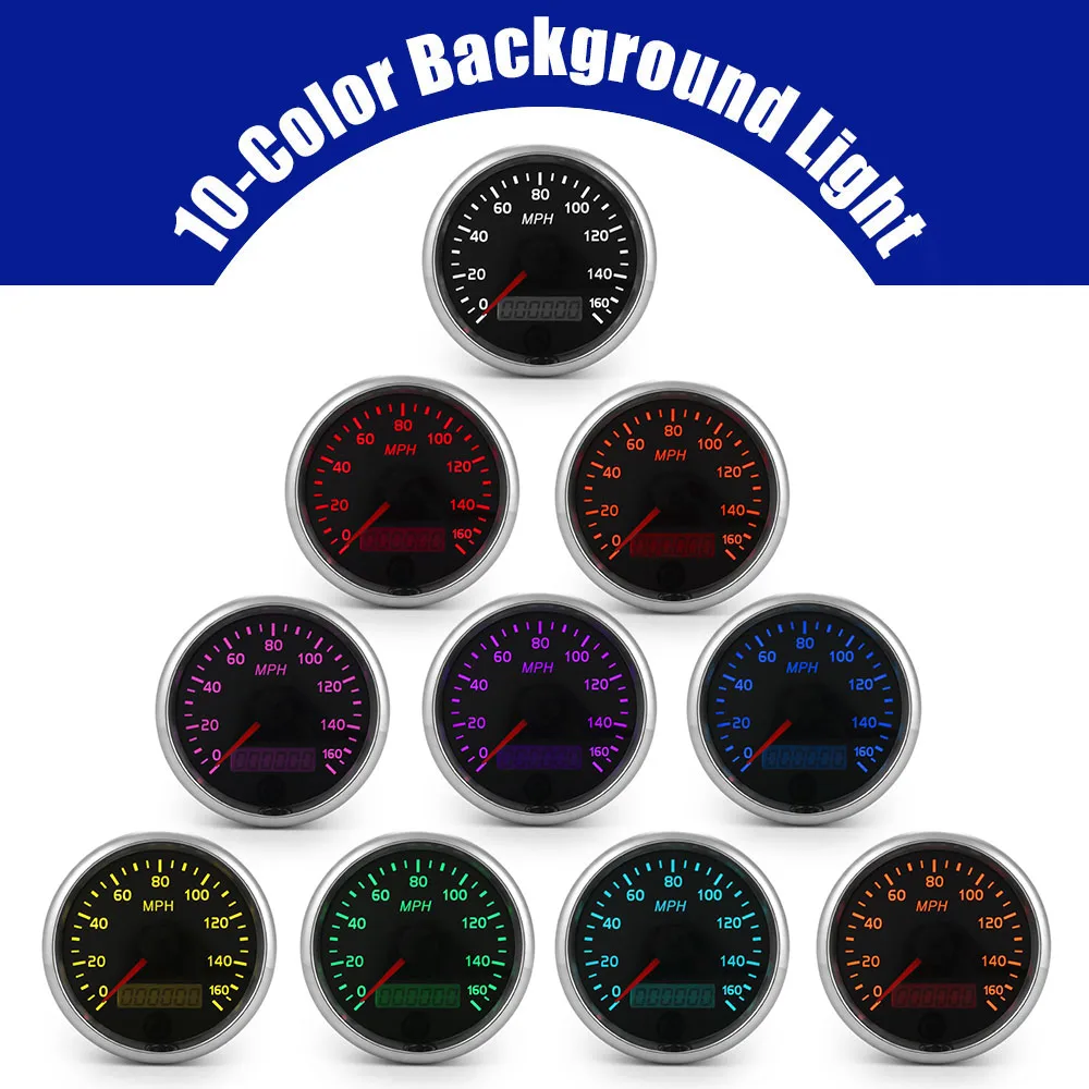 85mm Universal Speedometer 160MPH Speed Gauge Meter With 10 Colors Light 12V 24V With LCD Waterproof For Car Truck Boat Motor