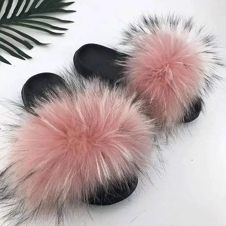 Women Summer New Real Fox Fur Fuzzy Slippers Indoor Outdoor Fashion Furry Flat Slides Raccoon Fur Beach Fashion House Shoes - Image 5