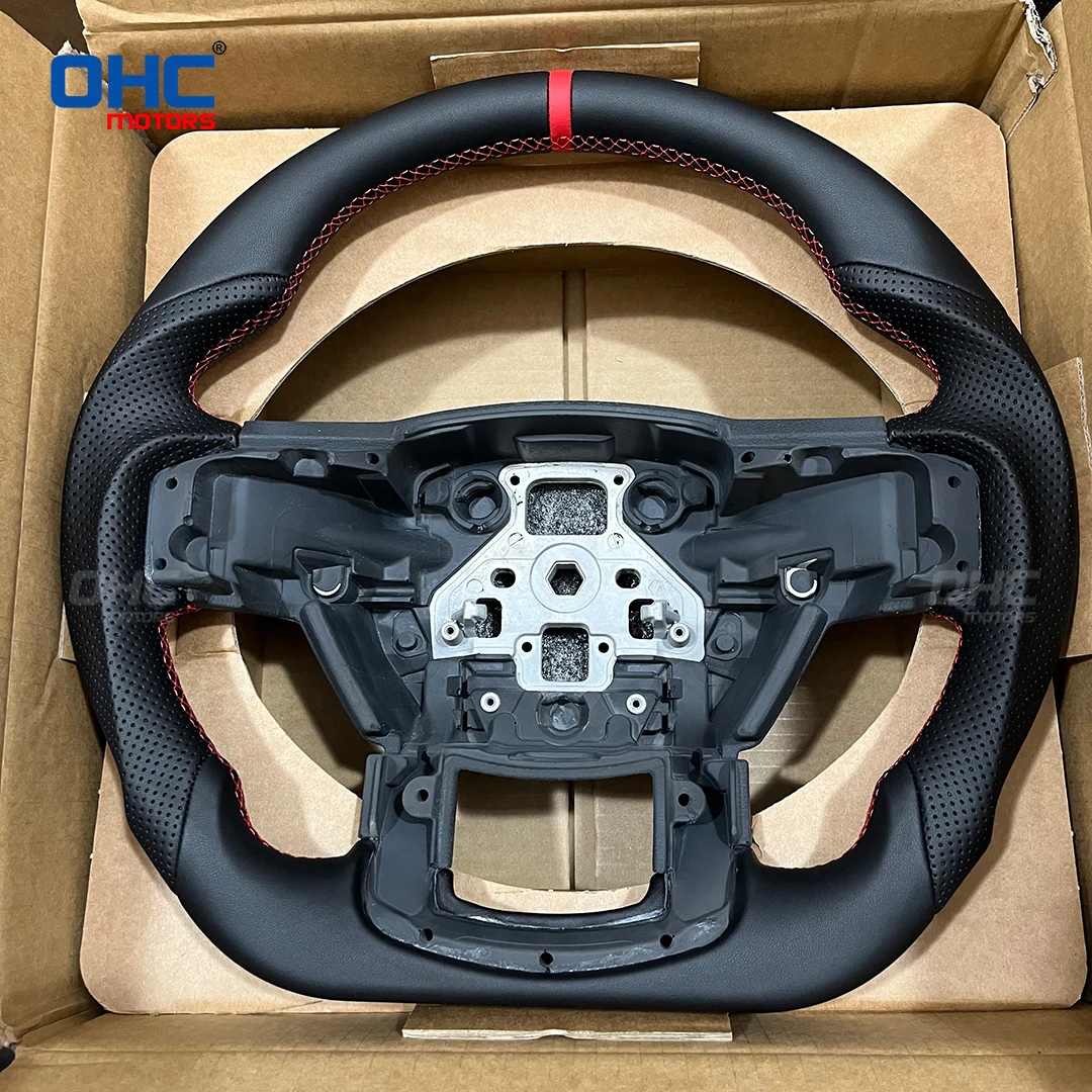 OHC Full Leather Car steering Wheel For Ford Raptor F150 2015-2020 No/With Paddle Holes Perforated Leather Wheel Red Stripe