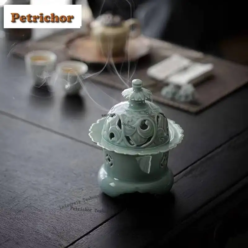 Zen Celadon Lotus Three Legged Plate Incense Holder Aesthetic Water Fountain Decoration Scented Aromatic Candles Tea