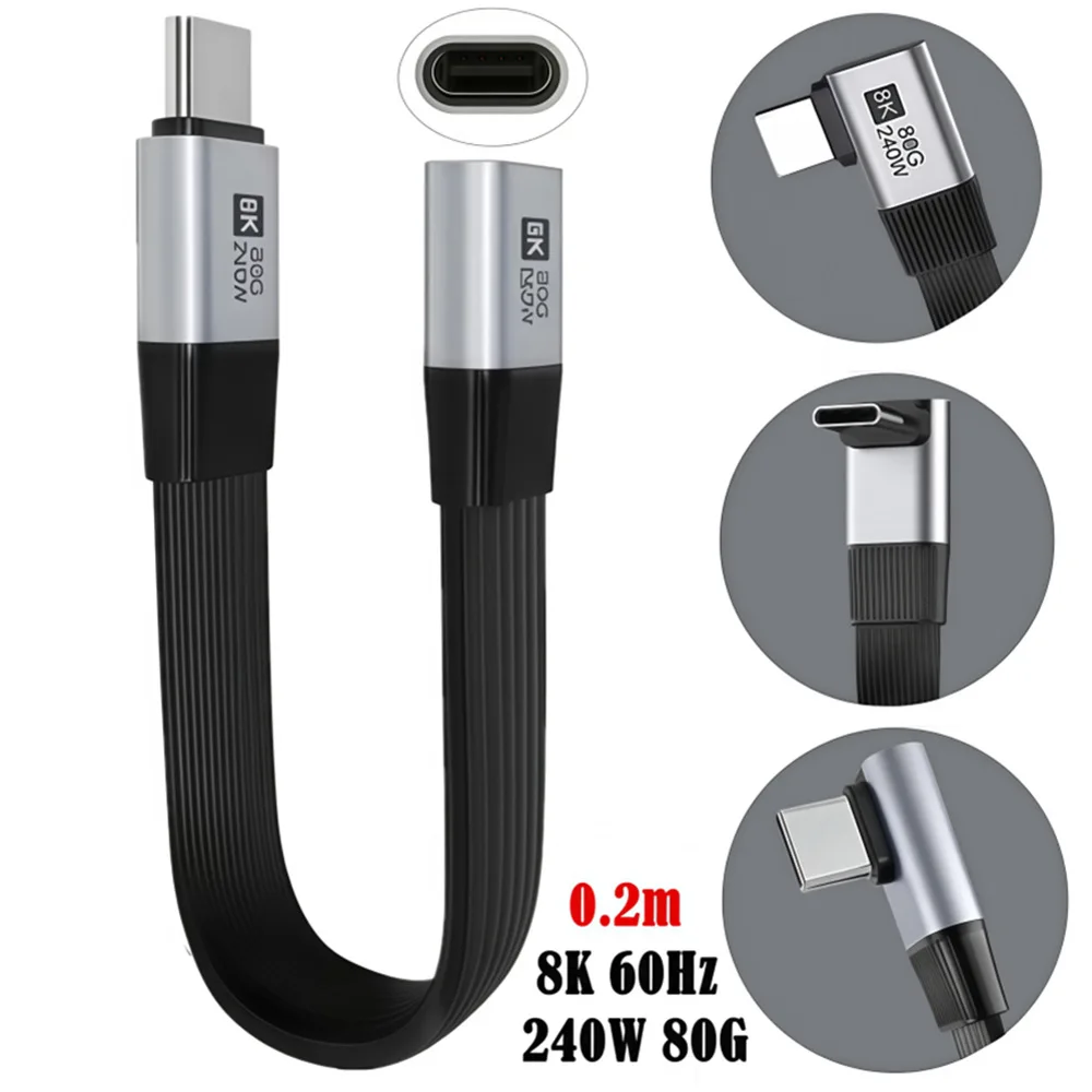 Flat Full-Function USB-C Extension Cable 80Gbps High-Speed USB4 Thunderbolt 3/4 Compatible Elbow 240W Fast Charging