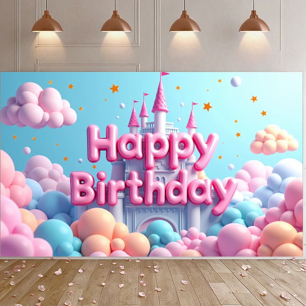 Polyester Happy Birthday Backdrop Banner Castle Balloon Baby Shower Party Decor Photo Photographic Background Studio Shoot