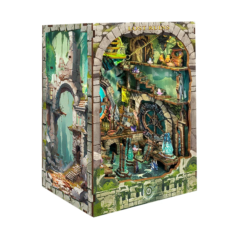 DIY Wooden Book Nook Lost Ruins Figurines Miniatures Bookend Handmade Bookshelf With Light for Friends Gifts Home Decor Crafts