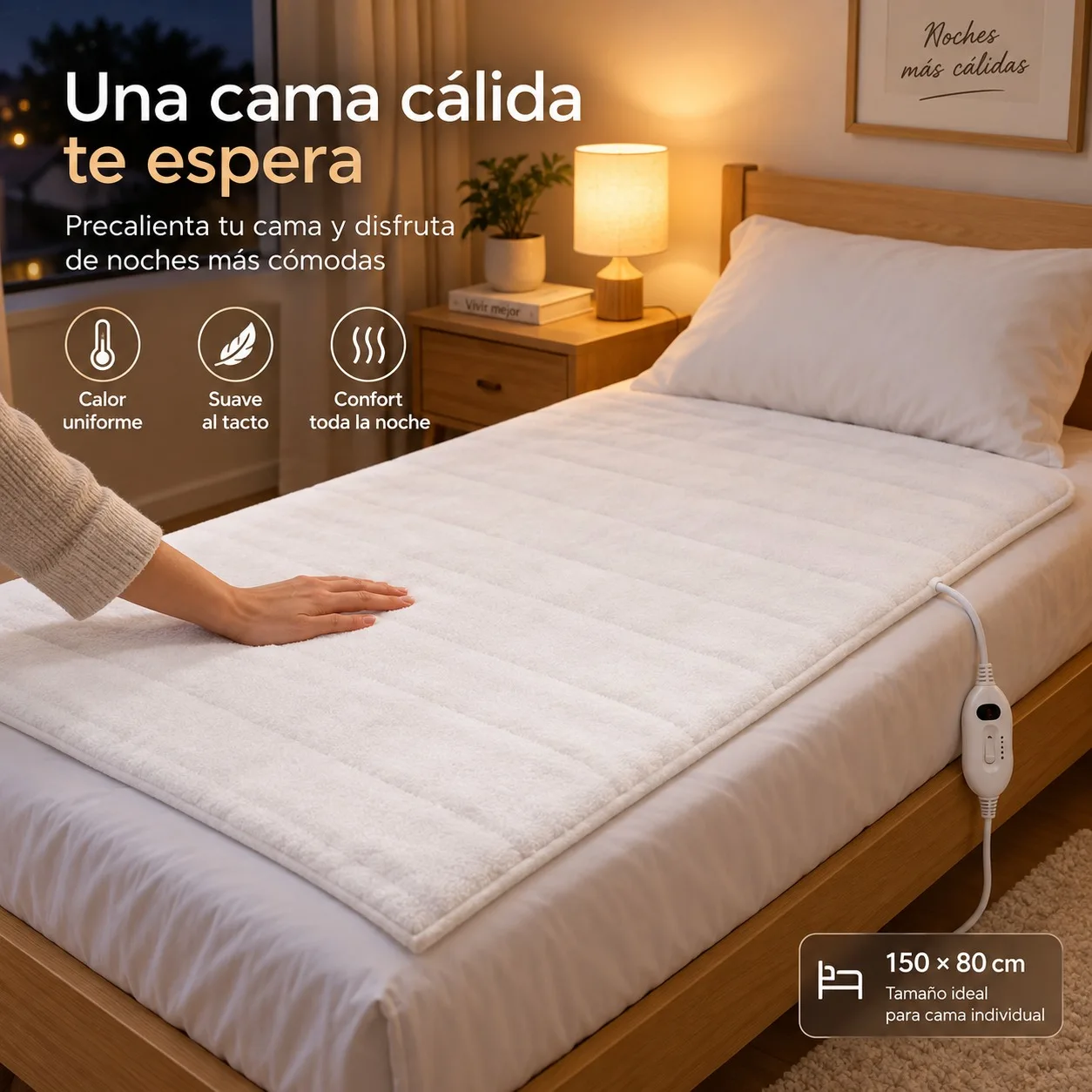 Coperta elettrica individuale 150x80 cm, riscaldante per il letto con 3 livelli di temperatura, 60W, in morbido flanellino bianco, per un riposo caldo e confortevole a casa e sul divano