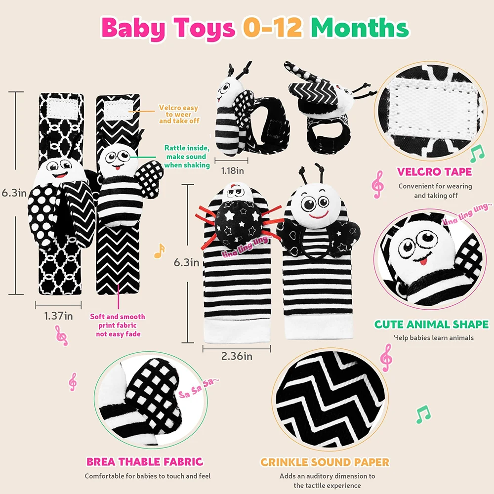 Baby Foot Finder Socks and Wrist Rattles, Black and White Sensory Toys 4