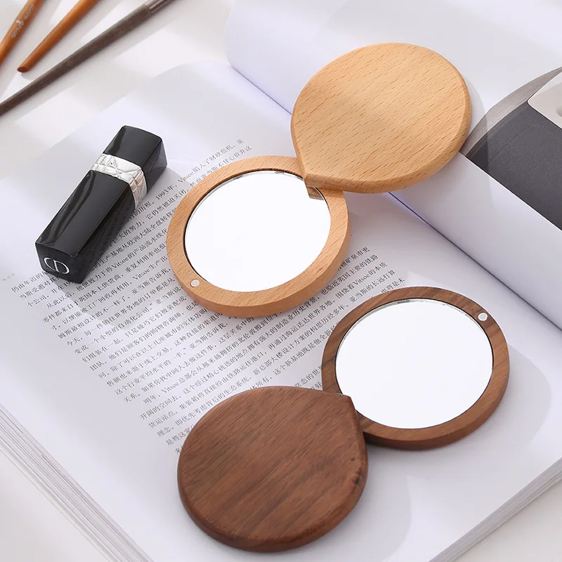 Portable Folding Make-Up Mirror Simple Beautiful Walnut Small Mirror Creative Mini Sliding Cover Hand-Held Make-Up Mirror