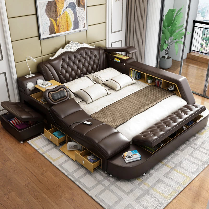 

For Modern Luxury Leather Bed Electric Massage Music King Size for Hotels Apartments Furniture Factory Storage Function Bed Wood