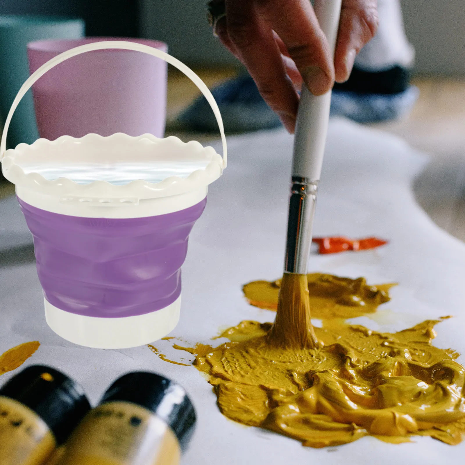 Premium Silicone Brush Washing Bucket Collapsible Portable Painting Tool for Watercolor Acrylic Gouache Artists Beginners