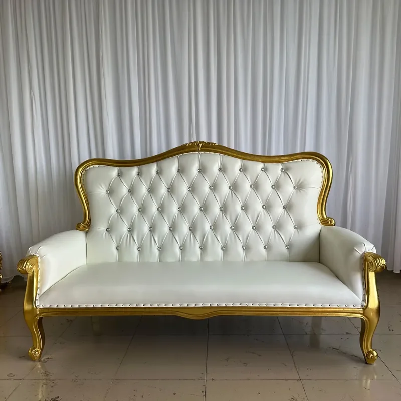 for European Style Villa Carved Three Person Sofa Exquisite Pattern Fabric Light Gold Wedding Solid Wood Sofa