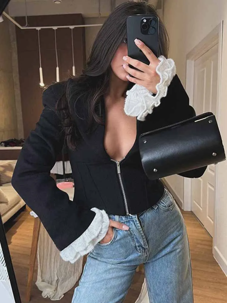 

BKQU Autumn Chic V-neck Zipper Cardigan Women Elegant Splicing Ruffle Cuffs Long Sleeve Casual T-Shirt Lady High Street Outwear