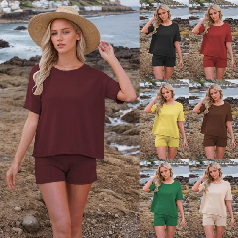 

Повседневная футболка с круглым вырезом и короткими рукавами + шорты, свободный костюм, лето 2029, новый женский удобный и простой домашний костюм, комплект
