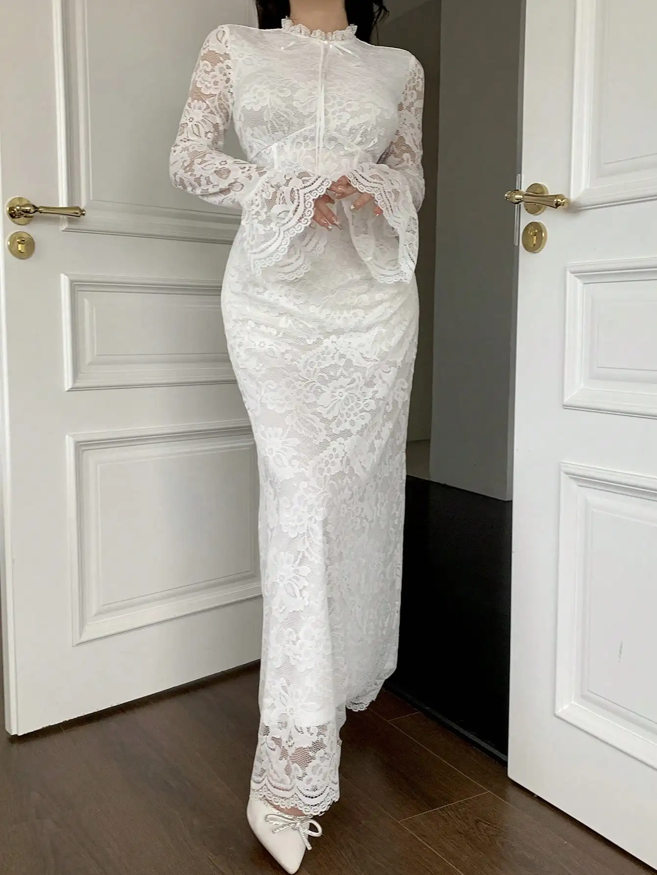 

White Floral Lace Long Sleeve High Neck Evening Dress with Flared Cuffs
