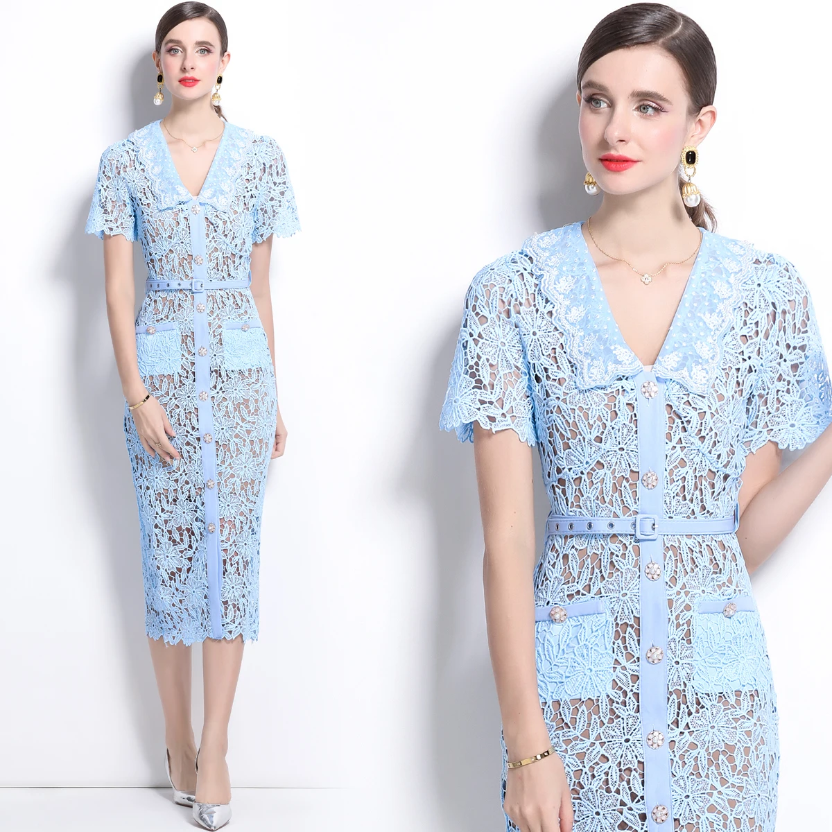 

Элегантное женское прямое платье с V-образным вырезом, кружевом и завышенной талией, из полиэстера