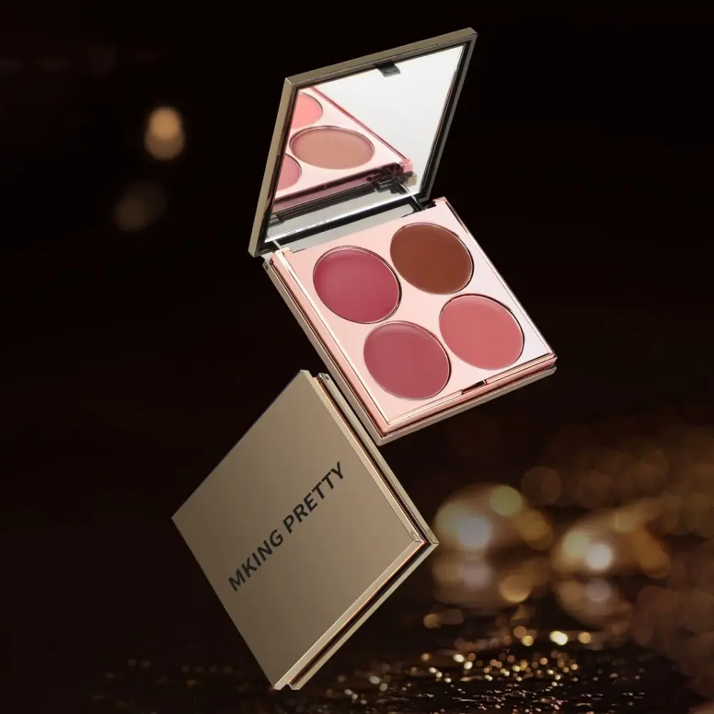 Paleta de blush portátil de quatro cores, à prova de suor, deslumbrante, paleta de sombra, sem manchas, ferramenta de maquiagem de lama labial de longa duração