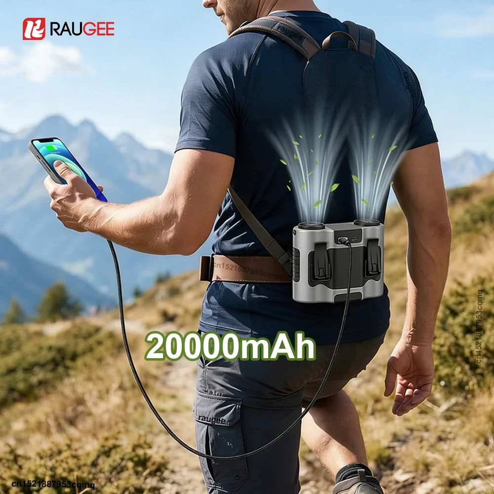 

Портативный поясной вентилятор 20000 мАч, перезаряжаемый, с двойным выходом воздуха, для улицы, с функцией Power Bank, портативный вентилятор на шею