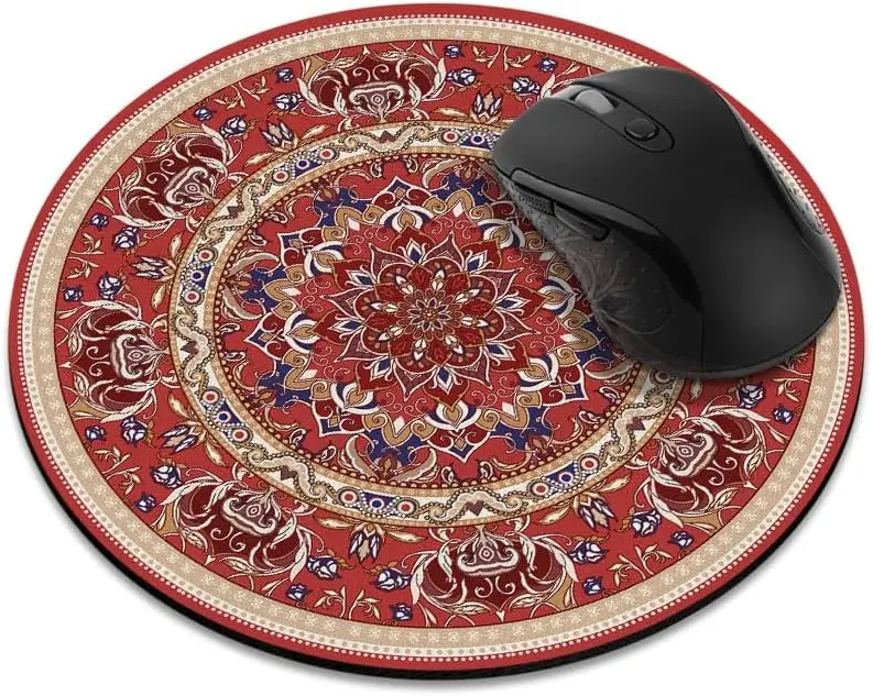 Islamic Style Pattern Mouse Pad Abstract Round Ornament Circle Mandala Pattern Round Non-Slip Rubber Red Persian Floral Rug Mat
