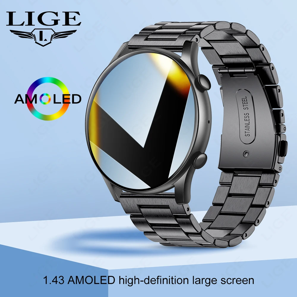 LIGE 1.43 inch AMOLED Screen Smart Watch Men Answer Calling Man Watches Sports Fitness Health Monitor Men Smartwatch Waterproof