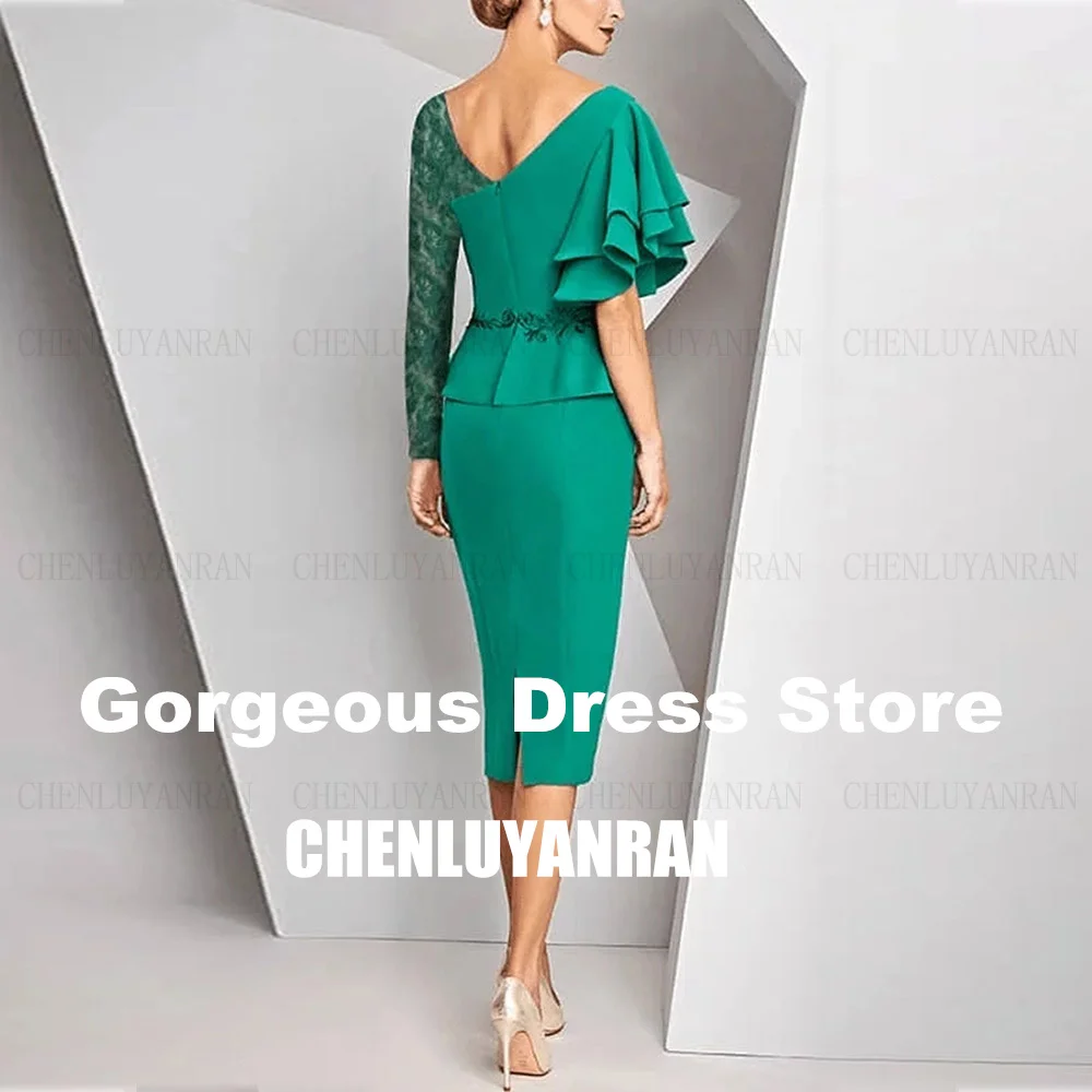 فساتين أم العروس الخضراء 2025 غمد الخامس الرقبة طويلة الأكمام جيرسي يزين الدانتيل الديكور العروس الأم فستان جميل