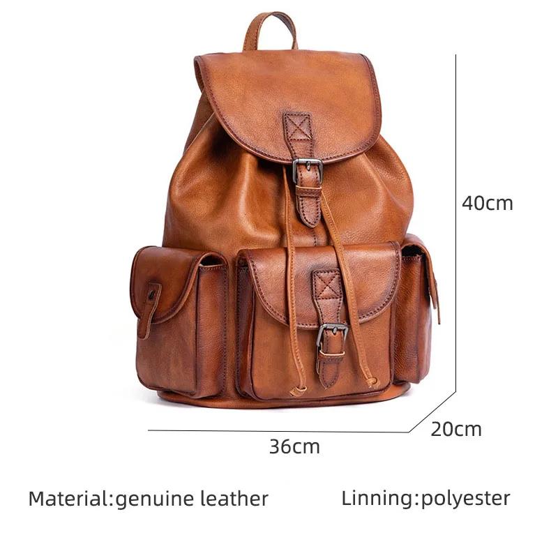 Natural Leather Men Backpack Handmade Genuine Leather Laptop Backpack Vintage Travel Bags Large Capacity Boys Shoolbags