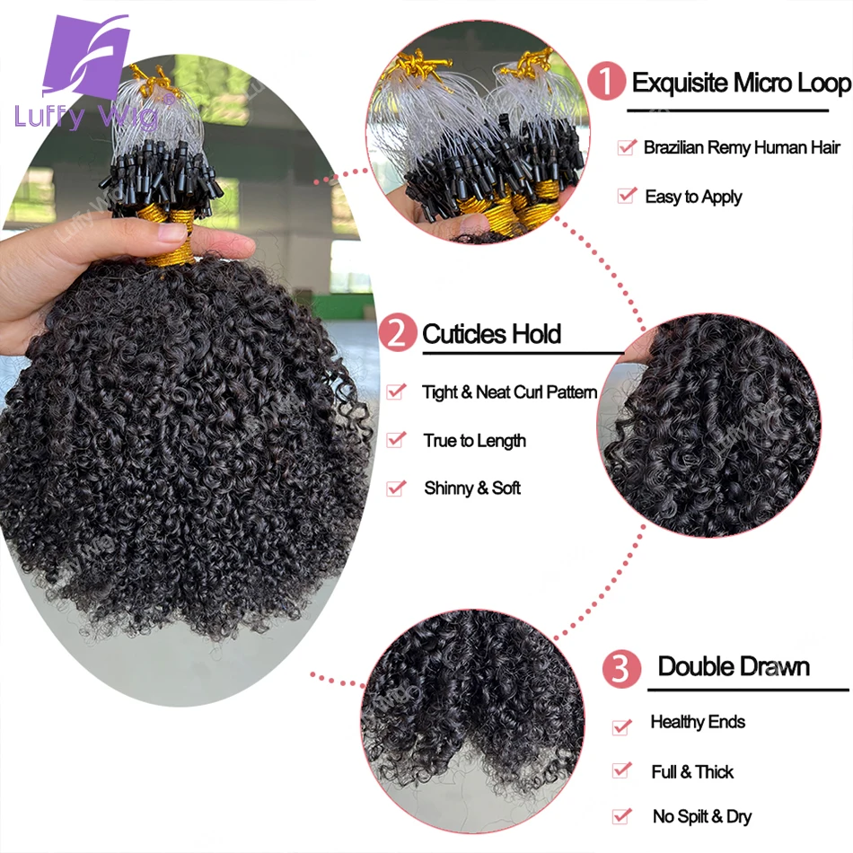 Extensiones de cabello humano con Micro bucle para mujeres negras, mechones de pelo brasileño Remy, Afro rizado, 3c, 4a, luffy