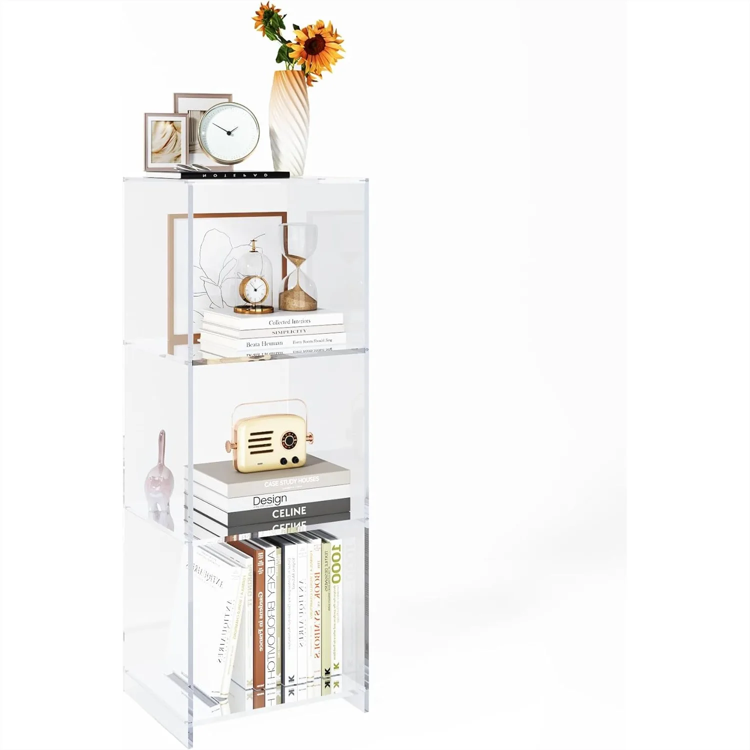 

Acrylic Bookcase 3 Tier Clear Floor Standing Bookshelf 31.5 inch Tall Display Cube Storage Shelf for Home Office Living Room
