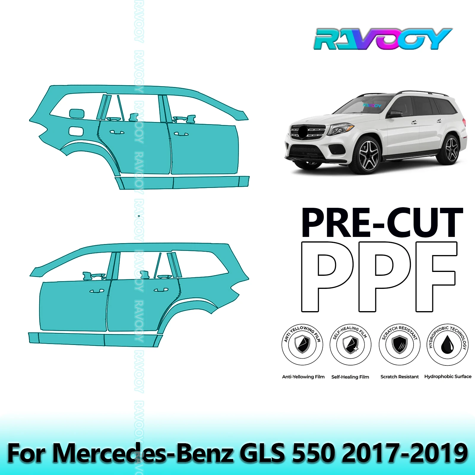 

For Mercedes-Benz GLS 550 2017-2019 8.5mil Clear Matte Pre-Cut PPF Door & A/B Pillar Kit TPU Paint Protection Film Set