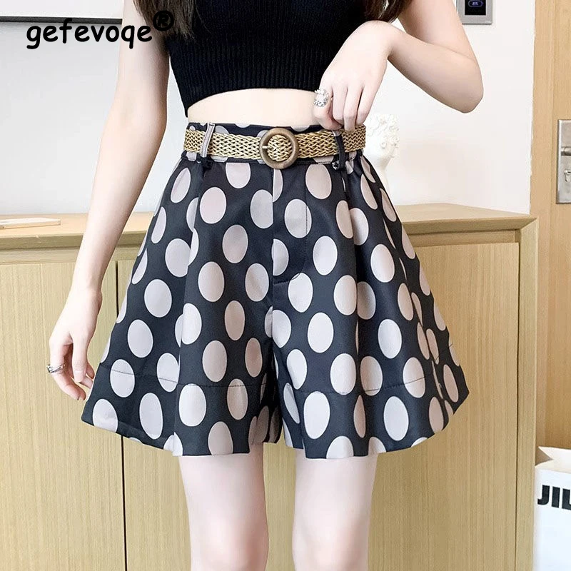 Y2K Summer Women Dot Print Streetwear Casual Chic Short Pants Trendy Pockets Loose Office Lady High Waist A-line Wide Leg Shorts