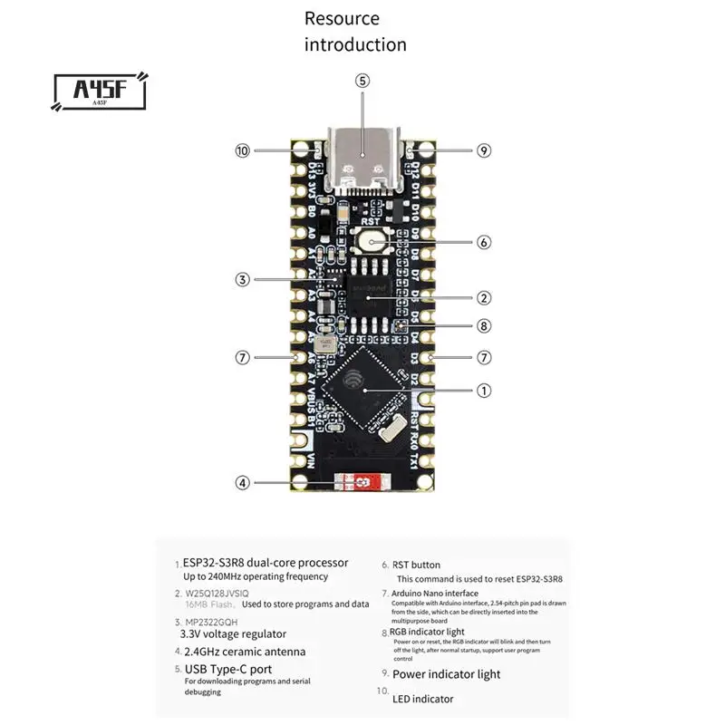 

A45F-ESP32 S3 Nano Development Board ESP32-S3R8 Chip Compatible With For Arduino Nano ESP32 For Iot Or Micro-Python