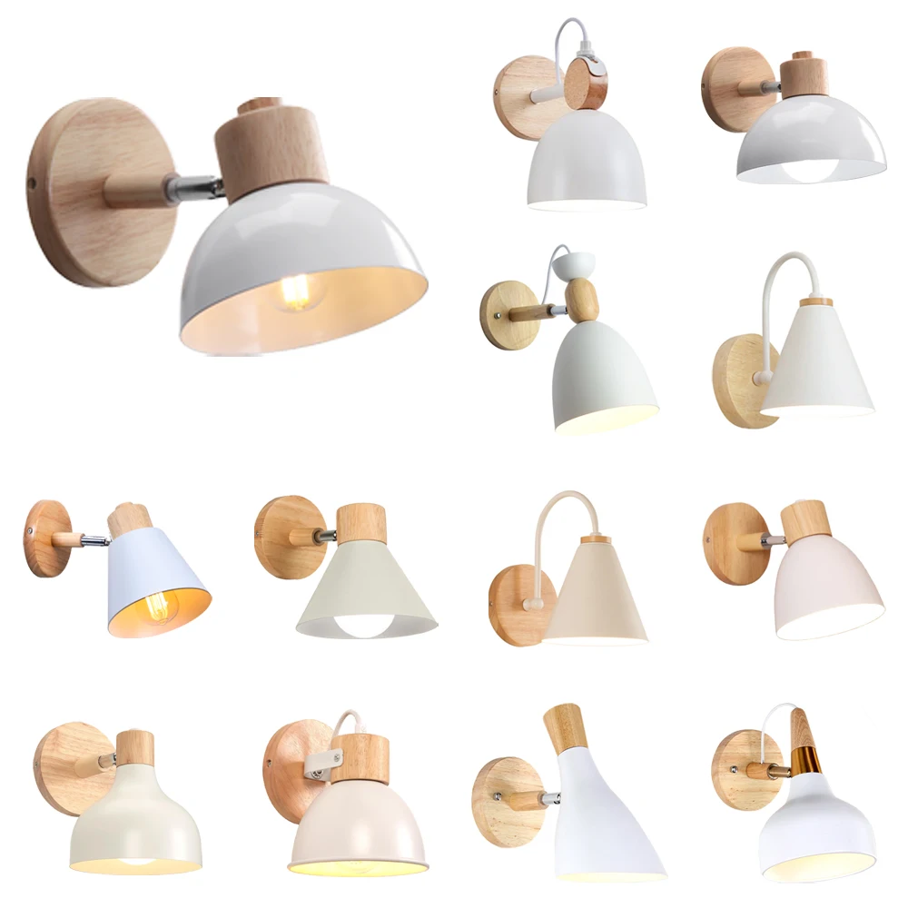 Nordic Wood Wall Lamp Shade LED Iron Wall Sconce Decoration E27 Light for Living Room Bedroom Aisle Corridor Indoor Fixtures