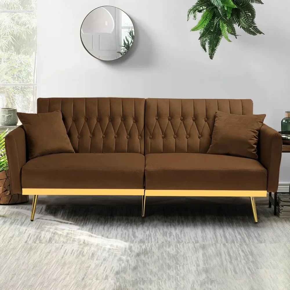 ZHENXIANG 70in Velvet Futon Sofa Bed W/Adjustable Backrests and Armrests, Convertible Futon Couch with Two Pillows, Tufted Bed