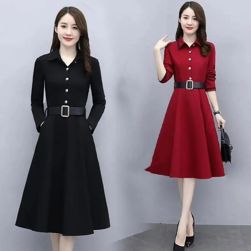 plus Size Long Sleeve Shirt Dress Women's Autumn New Waist Cinching Slimming Midi Length Elegance Sister Fat Sister Dress