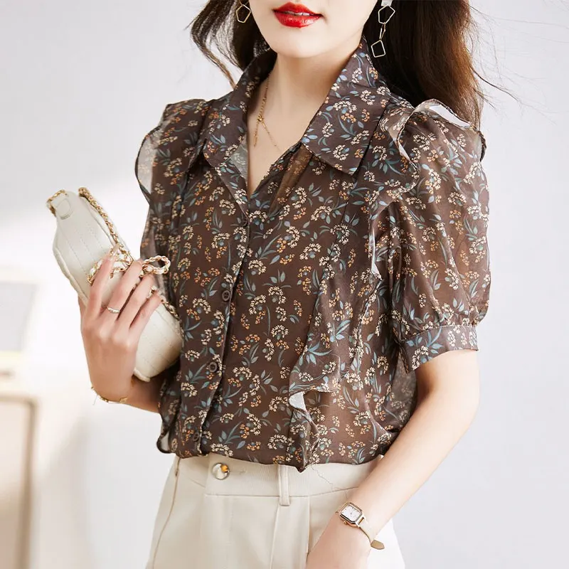 

Vintage Broken Flowers Printed Blouse Women's Clothing Single-breasted 2023 Summer Commute Ruffles Spliced Polo-Neck Loose Shirt
