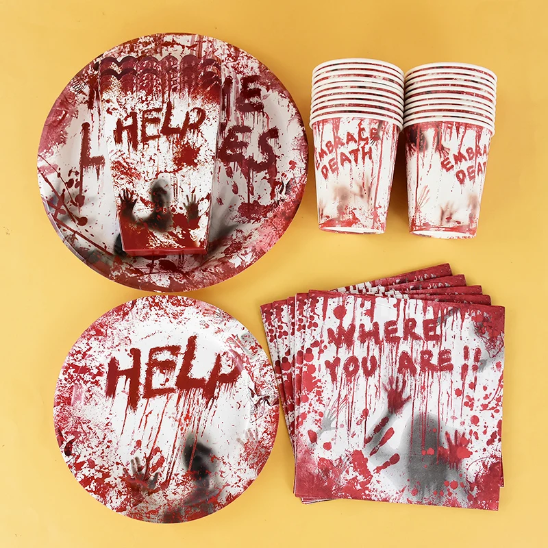 Halloween Party Disposable Tableware Scary Bloody Handprint Paper Plates Cups Popcorn Box For Halloween Horror Party Decor Props