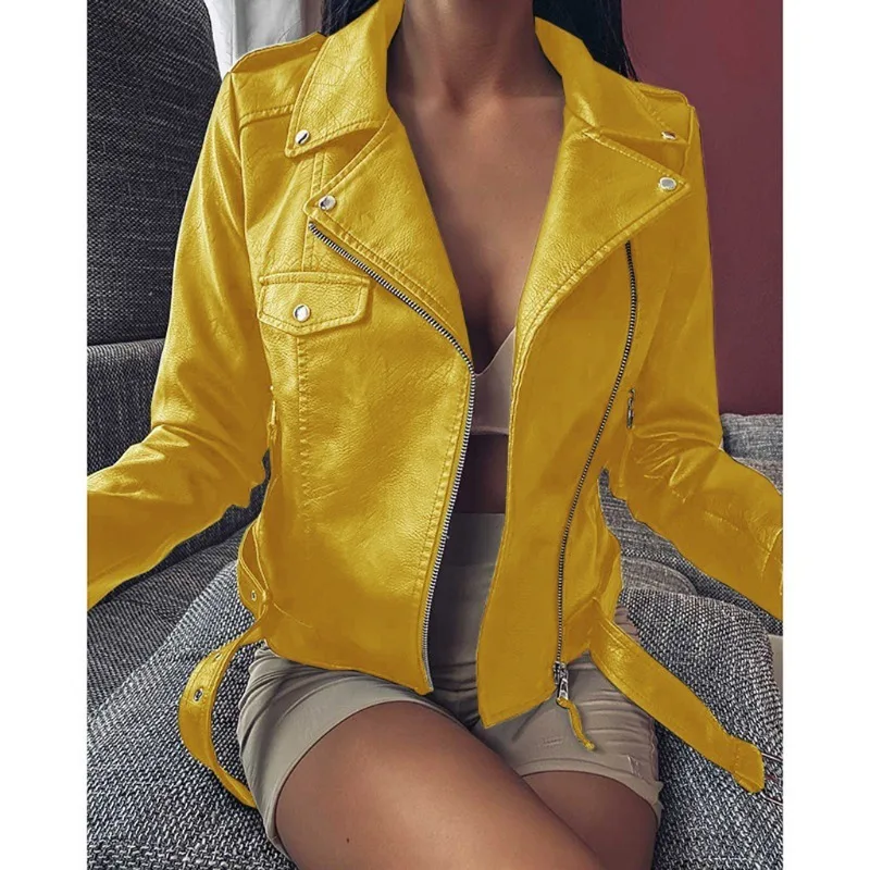 Women'Leather Jacket 2025 Autumn Autumn New Lapels Short Spliced Pockets Coat PU Locomotive Clothing Slim Fashion Leather Jacket