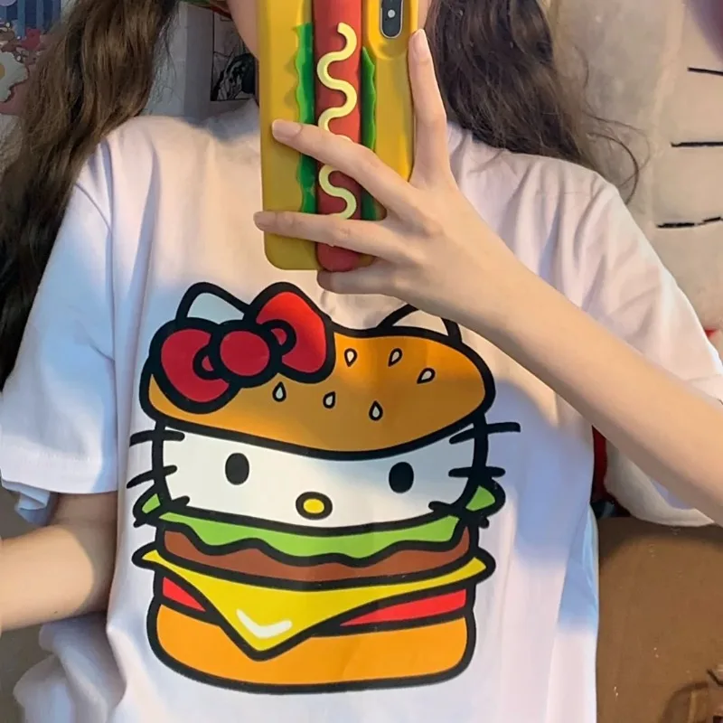 

Hamburger Kitty Cute Style Women T-Shirt Cotton Harajuku Casual T-Shirt Anime Fashion Outdoor Popular Casual Daily Short-Sleeve