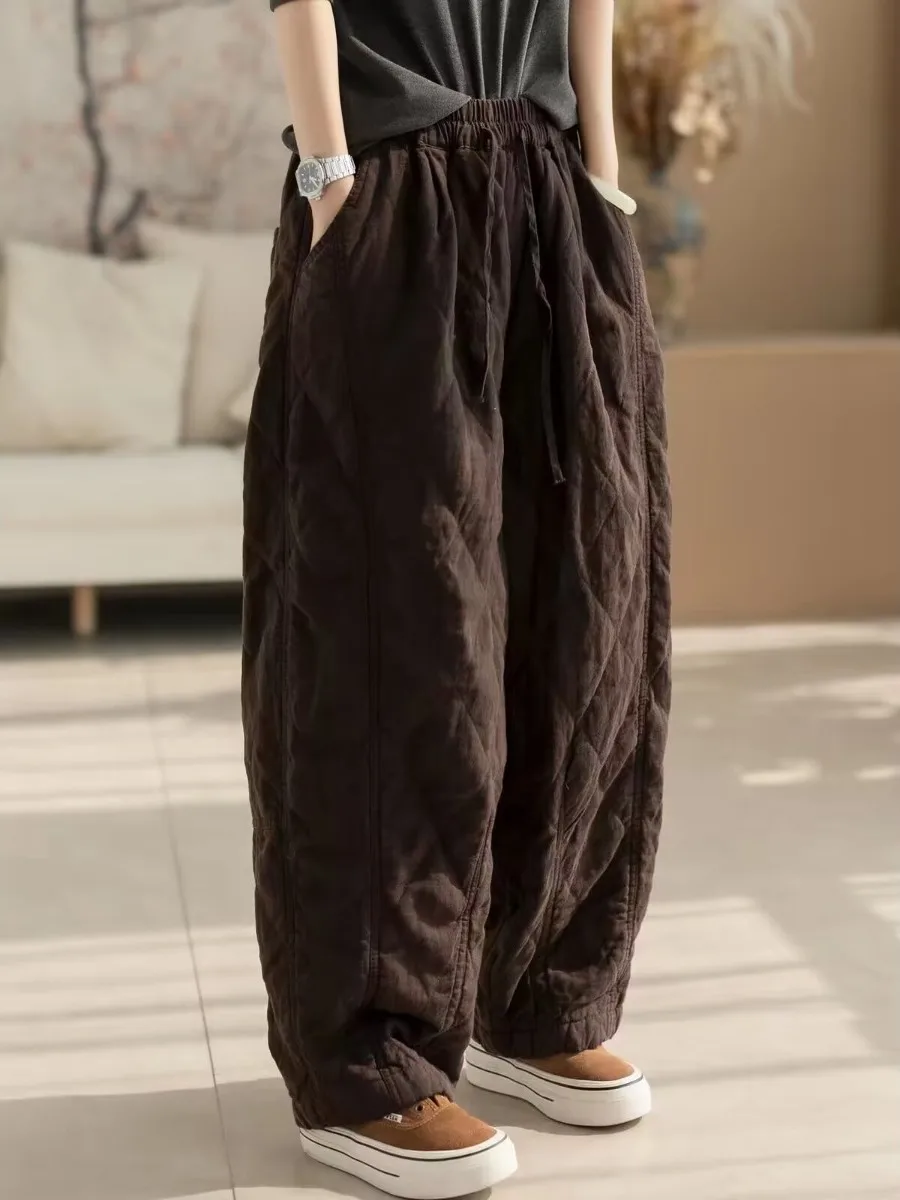 Winter Thickened Large Size Casual Loose Diamond Pattern Cotton Linen Women's Pants Straight Leg Pants Natural Waist Wide Leg...