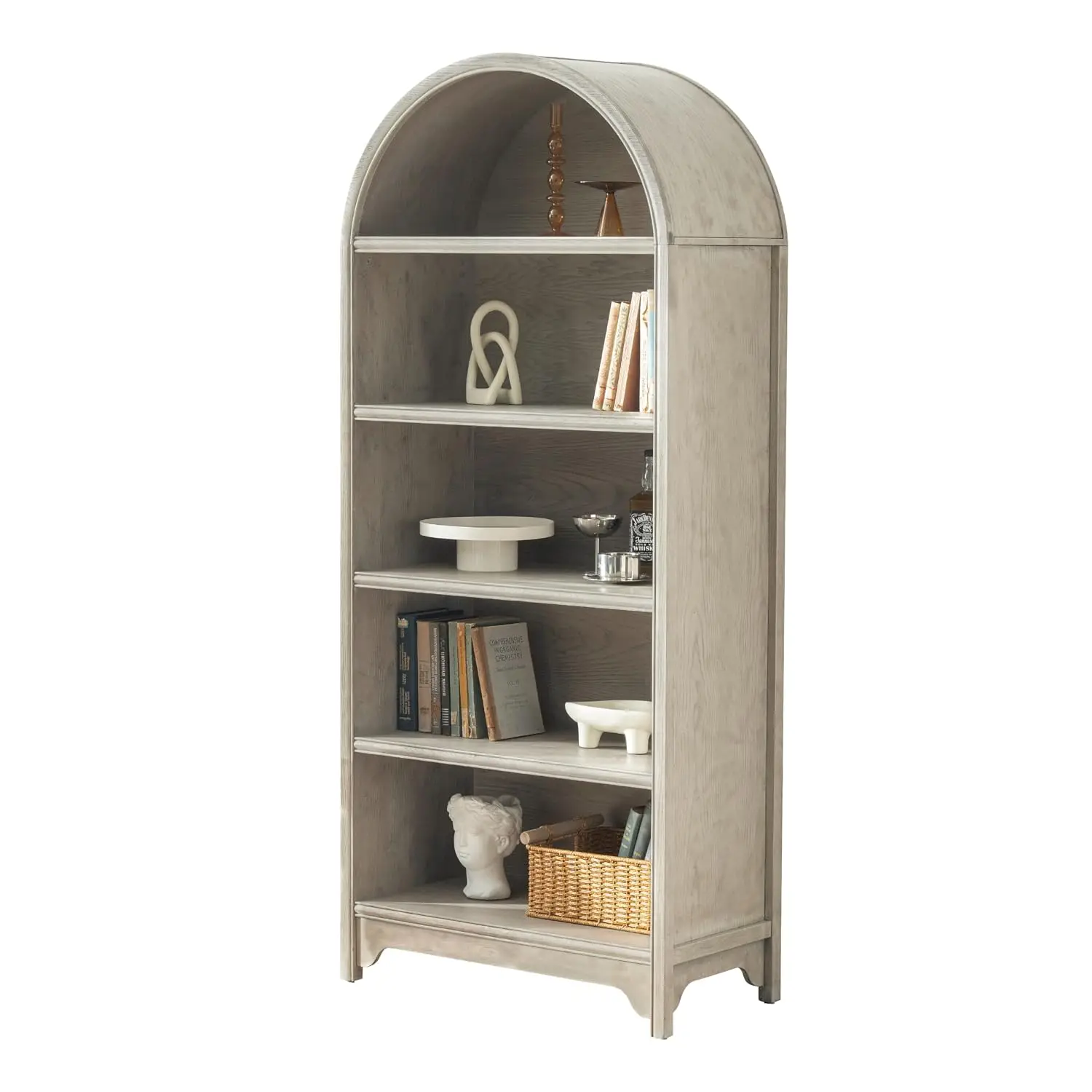 5-Tier Arched Bookcase Natural Wood Veneer Water Based Paint 71 Inch Vintage Display Shelf Living Room Home Office, Customized