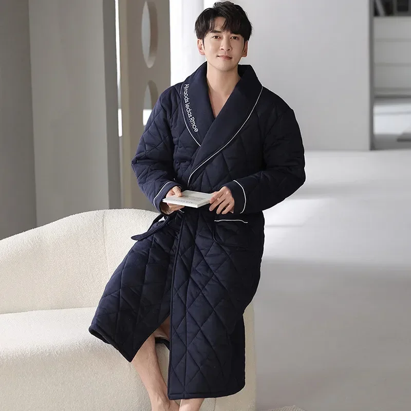 

Winter Warm Shower Robe Man Thick Bathrobe Japanese Korea Quilted Cotton Bath Robe Striped Plaid Night Dressing Gowns Housecoat