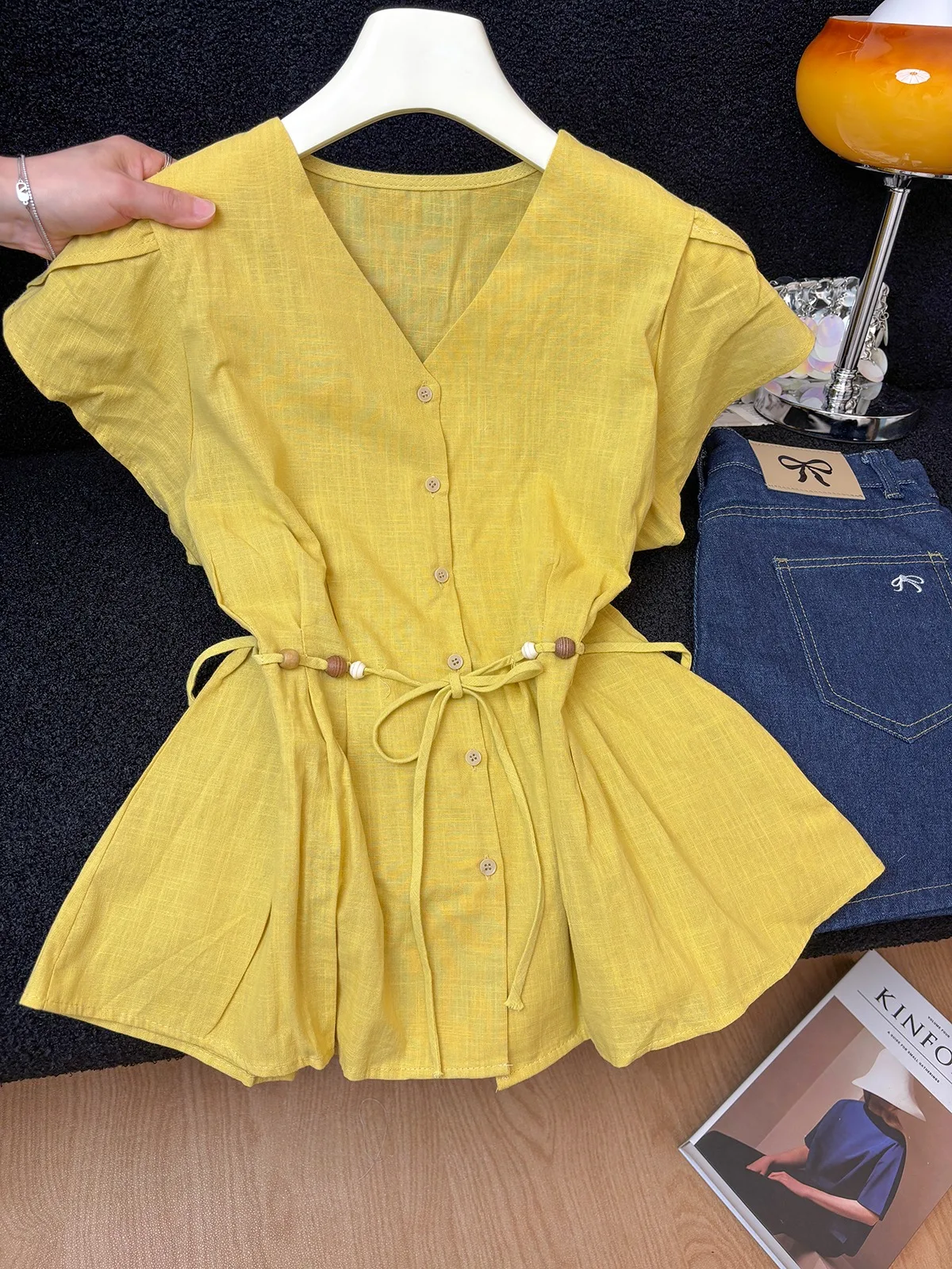 

V-Neck Beaded Cotton Linen Shirt Women's Summer Short Sleeve Loose Fit Yellow Top Comfortable Breathable Retro Style Office Wear