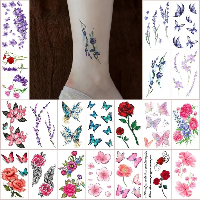 15pcs Suhua Tattoo Sticker Realistic Waterproof Sketch Flower Tattoo Sticker Paper Rose Flower Snake Flower Black and White