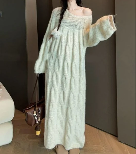 Twist Fashion Sweater Dress Women's Long Autumn and Winter New Loose Lazy Casual Knitted Sweater Top