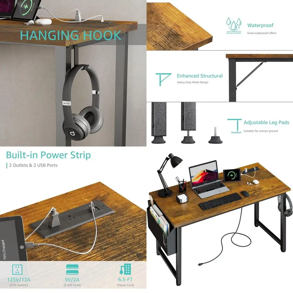 

Rustic Brown 39 Teen Study Desk with Built-in Power Outlets and Charging Station for Home Office