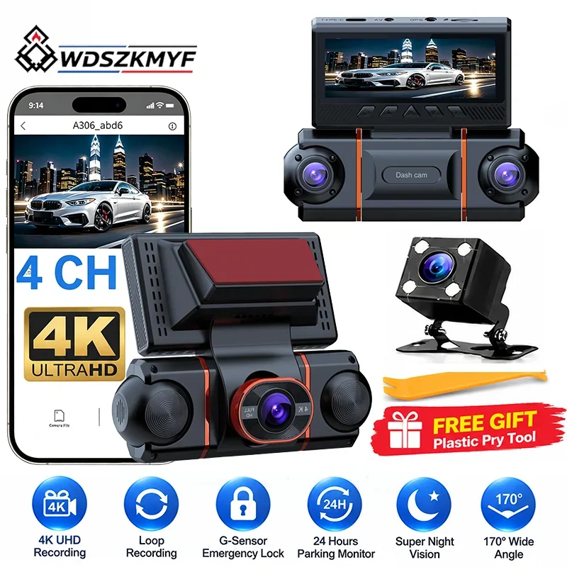 4K UHD 1080P WiFi 4-Channel 360° Panoramic Car Dash Cam DVR Black Box Super Night Vision G-Sensor Emergency Lock Loop Record