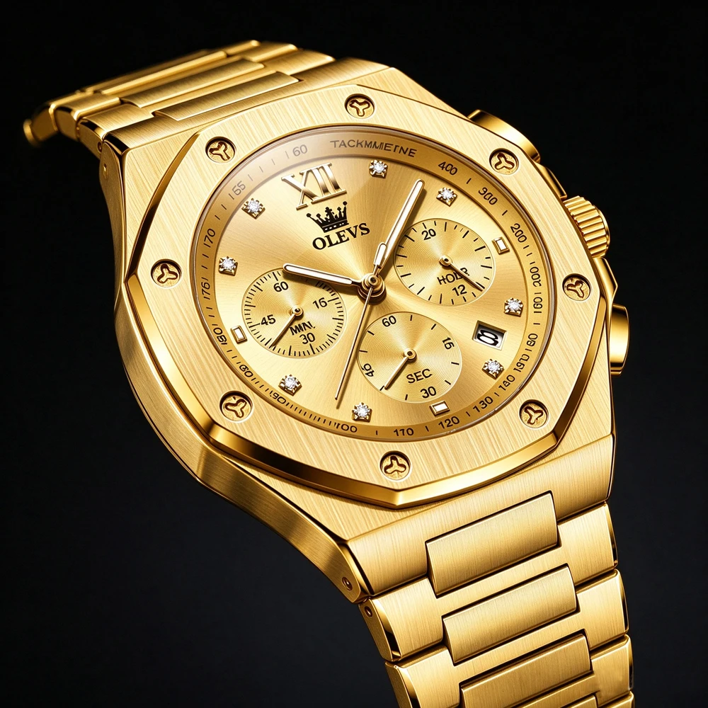 OLEVS Men Quartz Watch Luxury Gold Octagonal Case Chronograph Waterproof Luminous Stainless Steel Band Business Male Wristwatch
