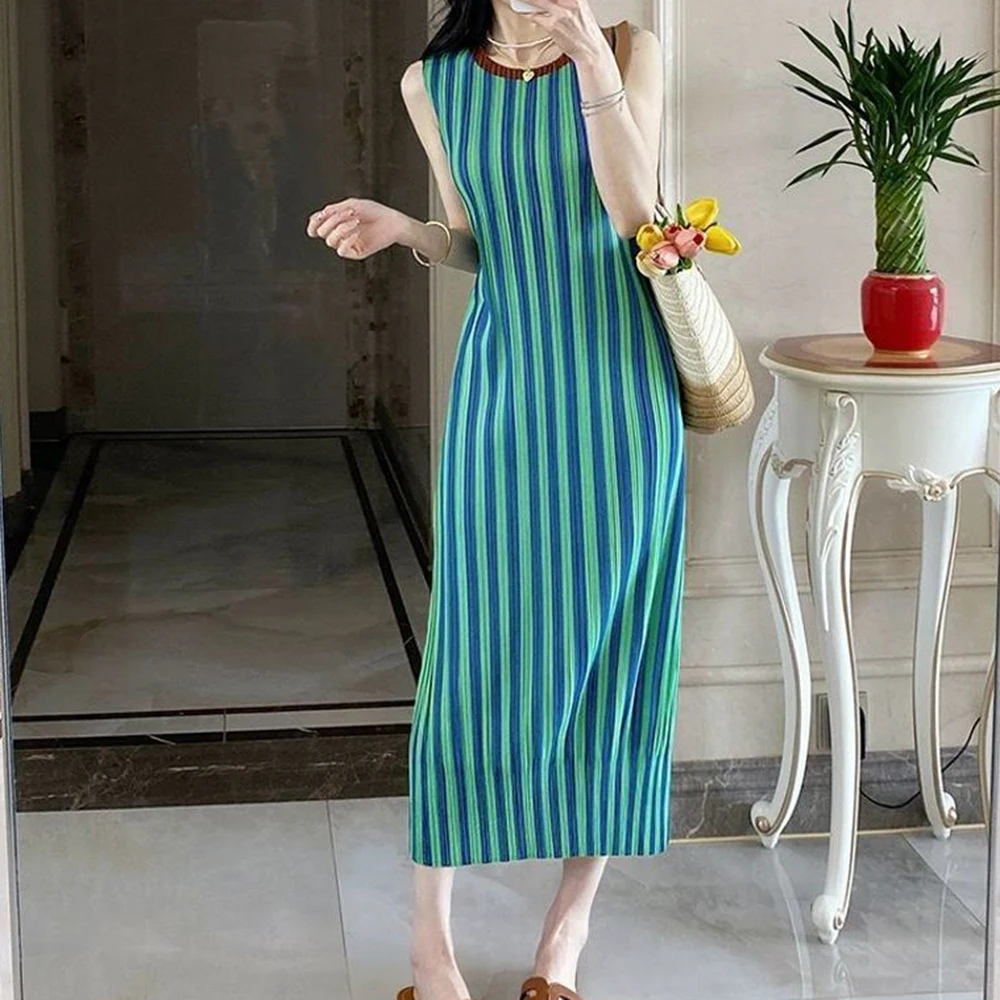 Color matching striped printed pleated dress summer new drape thin vest skirt vacation style skirt women