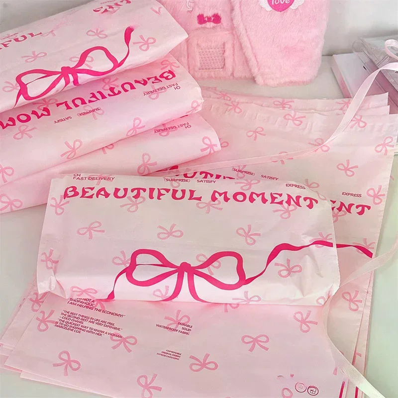 10Pcs Pink Plastic Courier Bags Bow Knot Printed Express Envelope Clothing Packing Shipping Envelopes Self Adhesive Mailing Bag