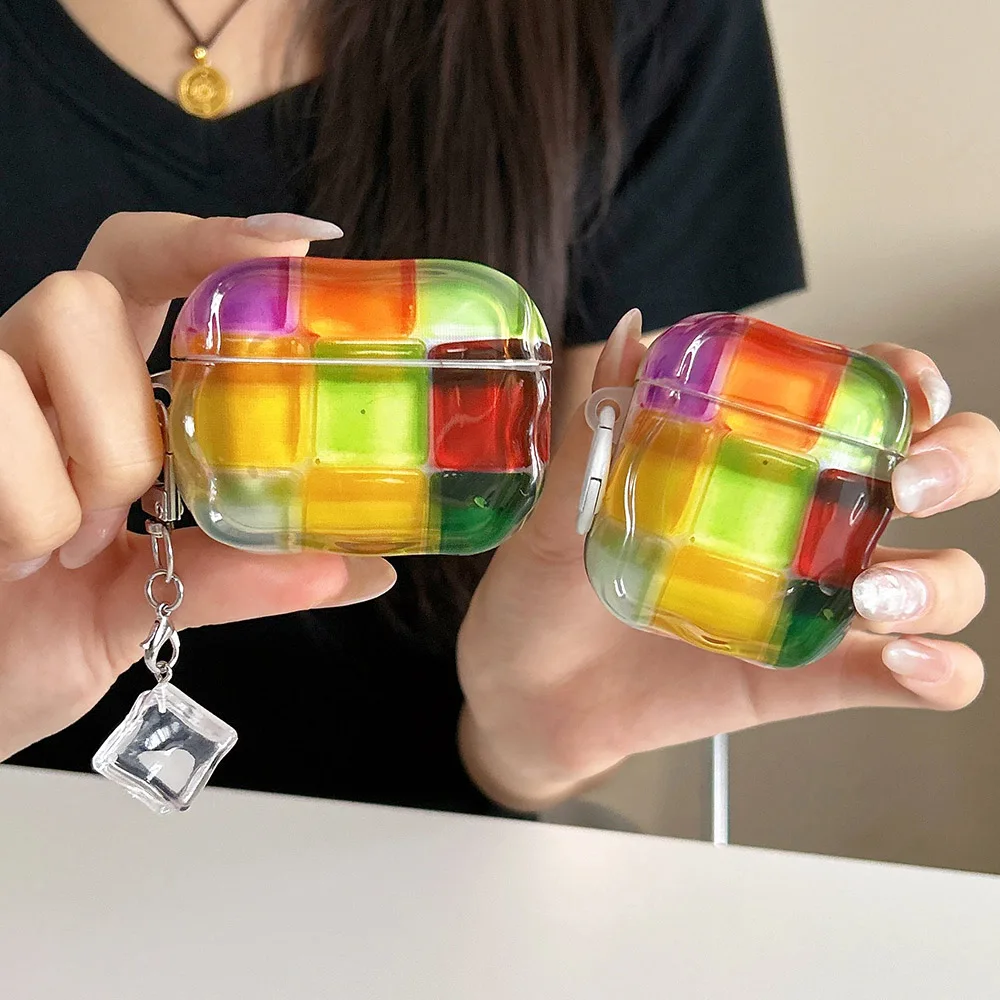 Creativity Colored Ice Cubes Transparent Silicone Earphone Case for Apple AirPods 1 2 3 4 Pro 2 3 Protection Cover With Pendant